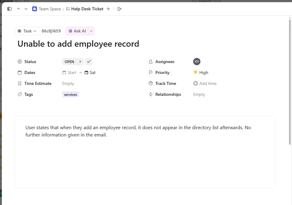 ClickUp ticket created