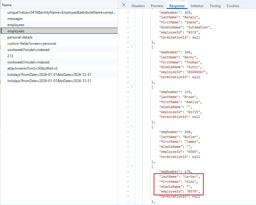 Employees GET response including the new employee