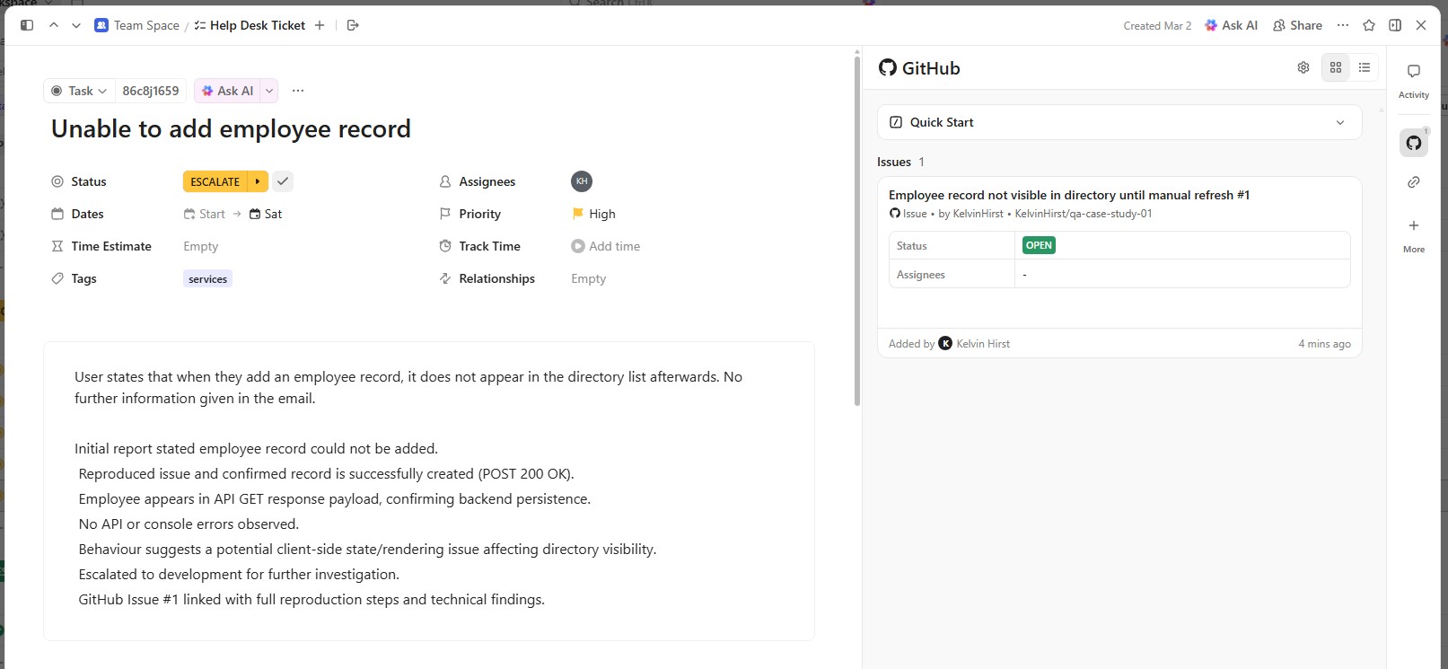 ClickUp ticket updated with GitHub link and escalation note